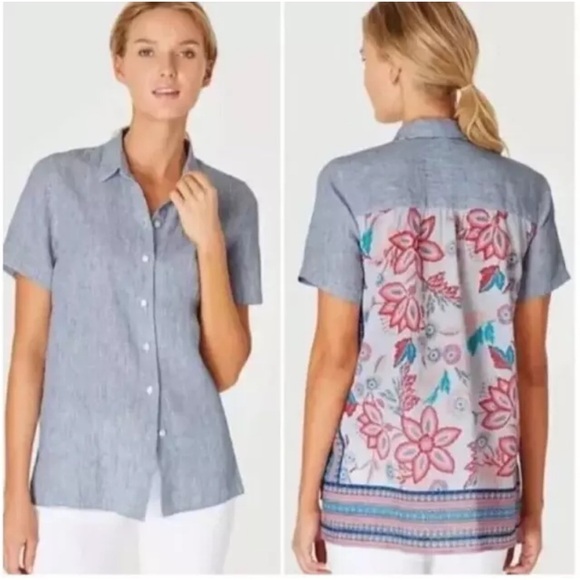 J. Jill | Striped Linen Short Sleeve Button Down Blouse, Floral Back Panel - Picture 1 of 10